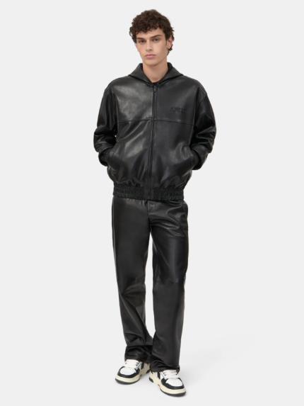 AMIRI BLACK LEATHER OVERSIZED ZIP HOODIE
