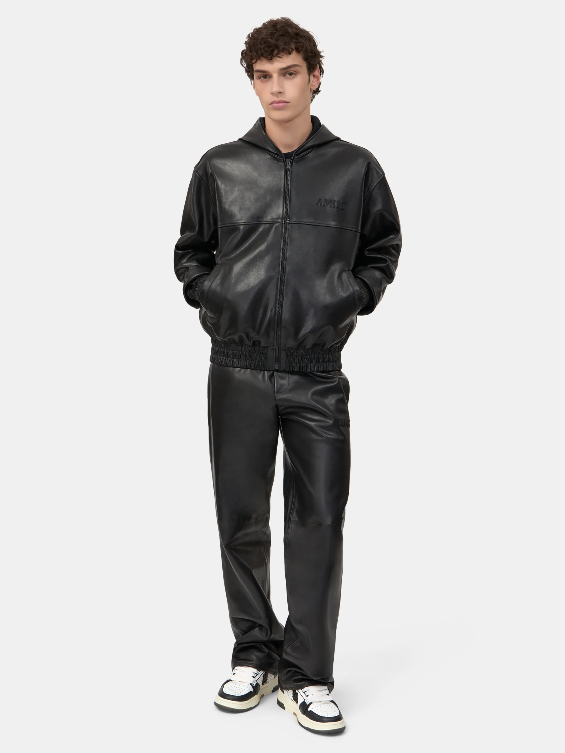 AMIRI BLACK LEATHER OVERSIZED ZIP HOODIE